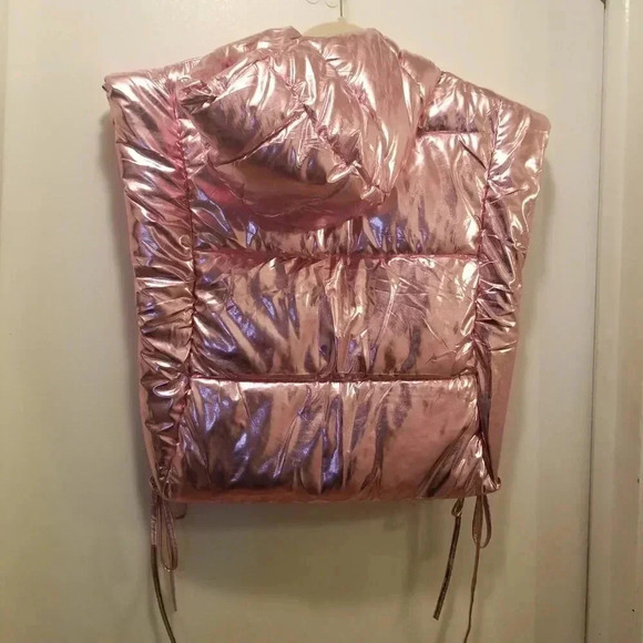 Y2K Women's Metallic Pink Hooded Vest Sz XL - Picture 3 of 5